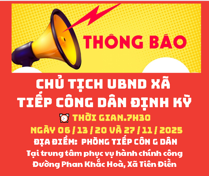 Thời gian Tiếp công dân định kỳ, thường xuyên, đột xuất Tháng 11 năm 2025 của UBND xã Tiên Điền