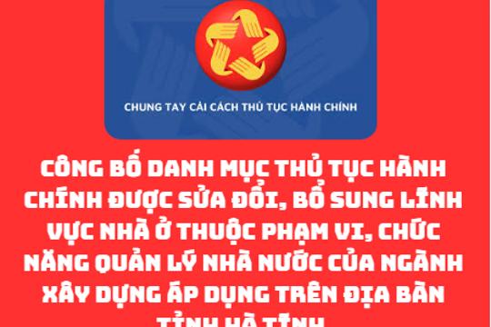 Công bố Danh mục thủ tục hành chính được sửa đổi, bổ sung lĩnh vực Nhà ở thuộc phạm vi, chức năng quản lý nhà nước của ngành Xây dựng áp dụng trên địa bàn tỉnh Hà Tĩnh