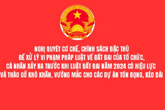 NGHỊ QUYÉT Cơ chế, chính sách đặc thù để xử lý vi phạm pháp luật về đất đai của tổ chức, cá nhân xảy ra trước khi Luật Đất đai năm 2024 có hiệu lực và tháo gỡ khó khăn, vướng mắc cho các dự án tồn đọng, kéo dài 