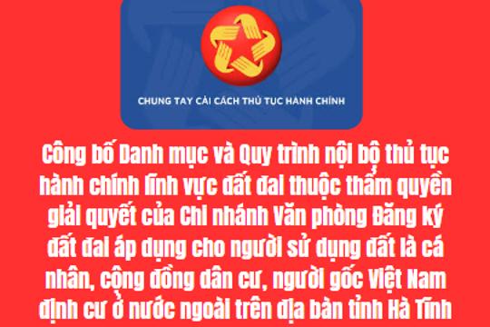 Công bố Danh mục và Quy trình nội bộ thủ tục hành chính lĩnh vực đất đai thuộc thẩm quyền giải quyết của Chi nhánh Văn phòng Đăng ký đất đai áp dụng cho người sử dụng đất là cá nhân, cộng đồng dân cư, người gốc Việt Nam định cư ở nước ngoài trên địa bàn tỉnh Hà Tĩnh