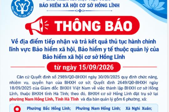 Thông báo Về địa điểm tiếp nhận và trả kết quả thủ tục hành chính lĩnh vực Bảo hiểm xã hội, Bảo hiểm y tế thuộc quản lý của Bảo hiểm xã hội cơ sở Hồng Lĩnh từ ngày 15/09/2026 