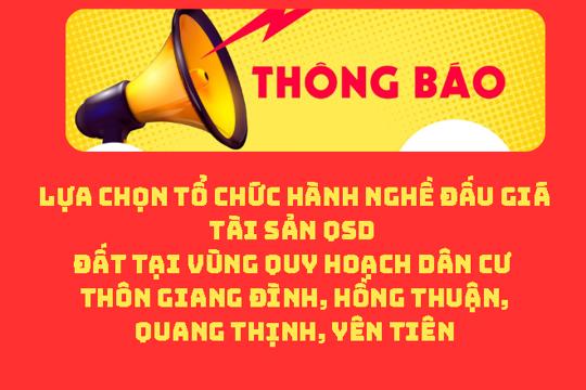 Lựa chọn tổ chức hành nghề đấu giá tài sản QSD đất tại vùng quy hoạch dân cư thôn Giang Đình, Hồng Thuận, Quang Thịnh, Yên Tiên