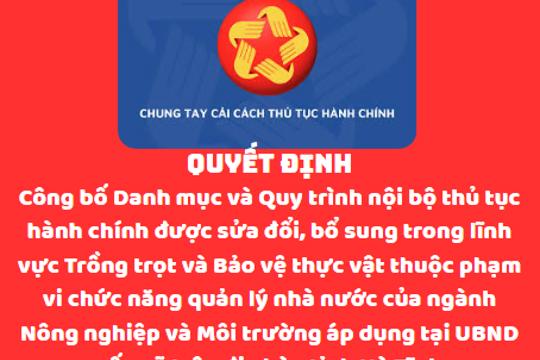 Công bố Danh mục và Quy trình nội bộ thủ tục hành chính được sửa đổi, bổ sung trong lĩnh vực Trồng trọt và Bảo vệ thực vật thuộc phạm vi chức năng quản lý nhà nước của ngành Nông nghiệp và Môi trường áp dụng tại UBND cấp xã trên địa bàn tỉnh Hà Tĩnh