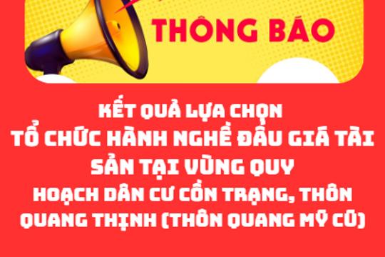 Thông báo  Kết quả lựa chọn tổ chức hành nghề đấu giá tài sản tại vùng quy hoạch dân cư Cồn Trạng, thôn Quang Thịnh (thôn Quang Mỹ cũ)