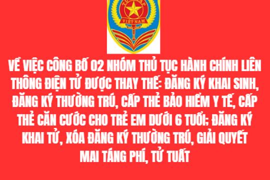 Về việc công bố 02 nhóm thủ tục hành chính liên thông điện tử được thay thế: đăng ký khai sinh, đăng ký thường trú, cấp thẻ bảo hiểm y tế, cấp thẻ căn cước cho trẻ em dưới 6 tuổi; đăng ký khai tử, xóa đăng ký thường trú, giải quyết mai táng phí, tử tuất