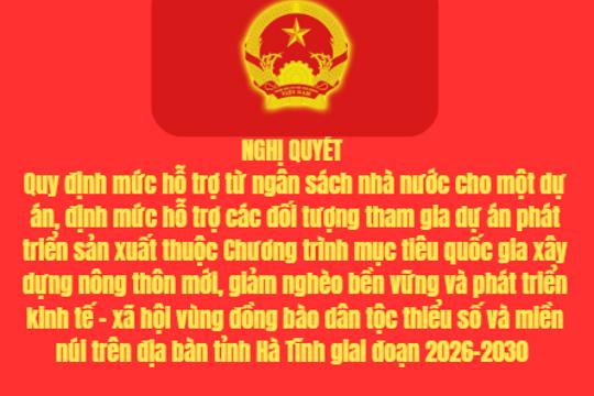    Quy định mức hỗ trợ từ ngân sách nhà nước cho một dự án, định mức hỗ trợ các đối tượng tham gia dự án phát triển sản xuất thuộc Chương trình mục tiêu quốc gia xây dựng nông thôn mới, giảm nghèo bền vững và phát triển kinh tế - xã hội vùng đồng bào dân tộc thiểu số và miền núi trên địa bàn tỉnh Hà Tĩnh giai đoạn 2026-2030 