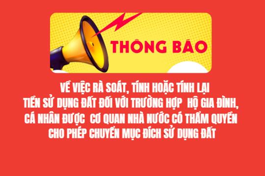 Thông báo  Về việc rà soát, tính hoặc tính lại tiền sử dụng đất đối với trường hợp hộ gia đình , cá nhân được cơ quan nhà nước có thẩm quyền cho phép chuyển mục đích sử dụng đất 