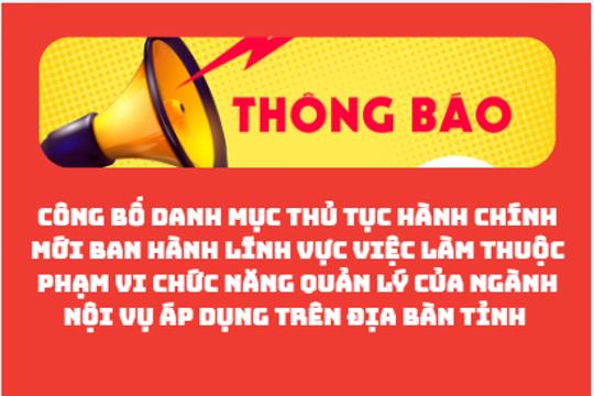 Công bố Danh mục thủ tục hành chính mới ban hành lĩnh vực việc làm thuộc phạm vi chức năng quản lý của ngành Nội vụ  áp dụng trên địa bàn tỉnh 
